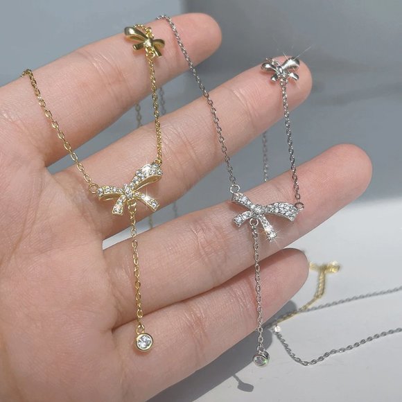 NEW Silver Gold Copper Zircon Bow Knot Tassel Necklace - Picture 3 of 9